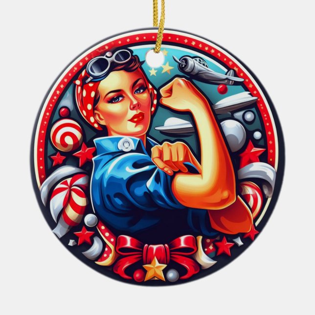 Adorno De Cerámica Rosie the Riveter Pin up Chica de Navidad (Frente)