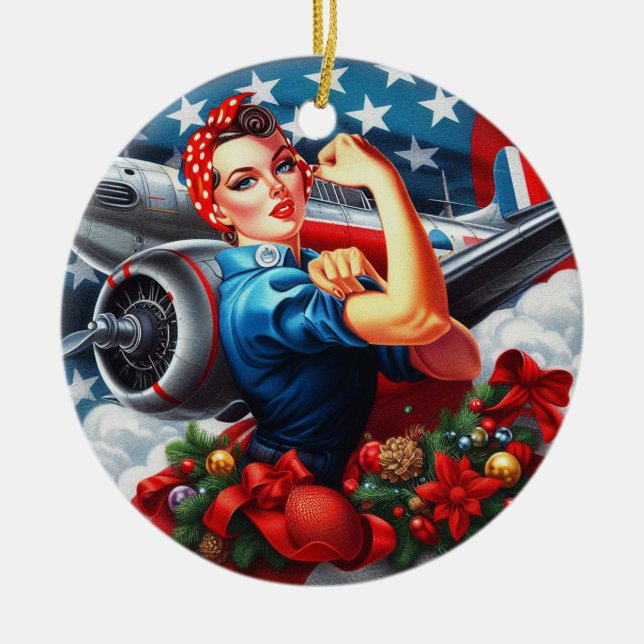 Adorno De Cerámica Rosie the Riveter Pin up Chica de Navidad (Frente)