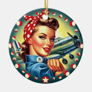 Adorno De Cerámica Rosie the Riveter Pin up Chica de Navidad