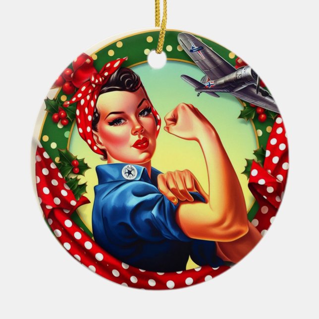 Adorno De Cerámica Rosie the Riveter Pin up Chica de Navidad (Frente)