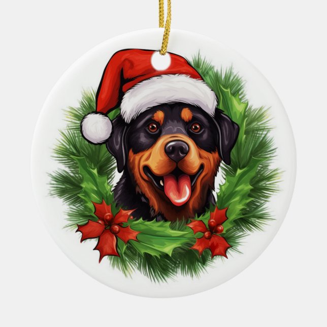 Adorno De Cerámica Rottweiler Navidades Wreath (Frente)