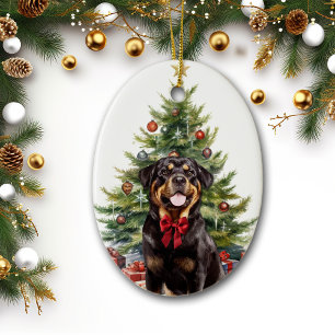 Adorno De Cerámica Rottweiler perro con lazo rojo Navidad