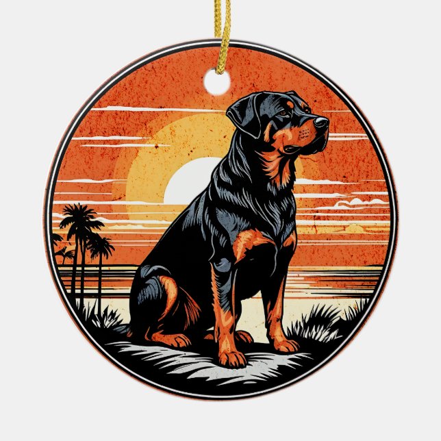 Adorno De Cerámica Rottweiler Retro Sunset Dog Lover (Frente)