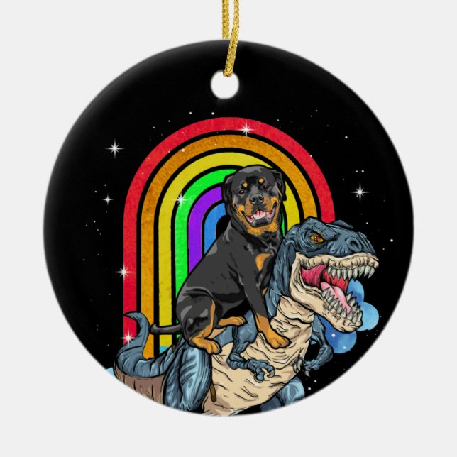 Adorno De Cerámica Rottweiler Riding Dinosaur T rex Rainbow (Frente)