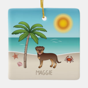 Adorno De Cerámica Rottweiler Rojo y Canela en una Playa Tropical de