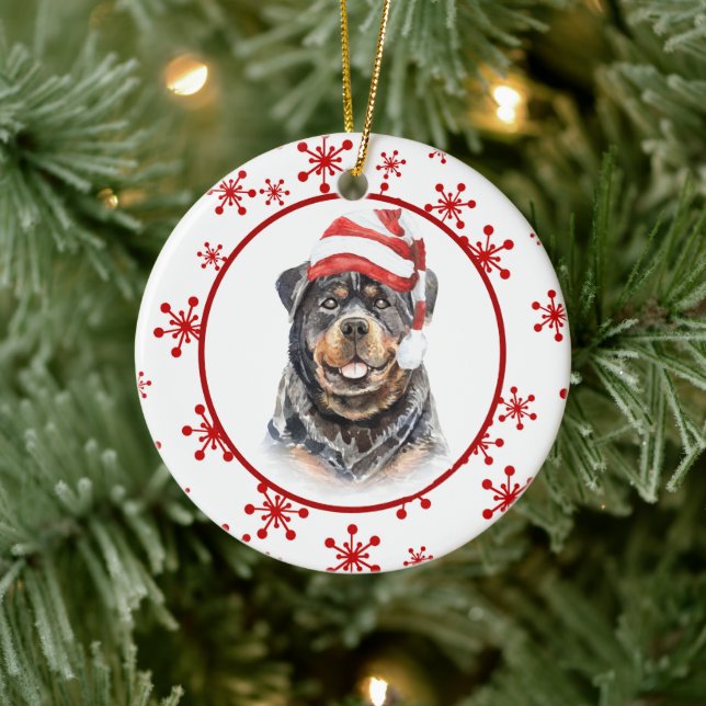 Adorno De Cerámica Rottweiler Santa Hat Red Snowflake Navidades (Árbol)