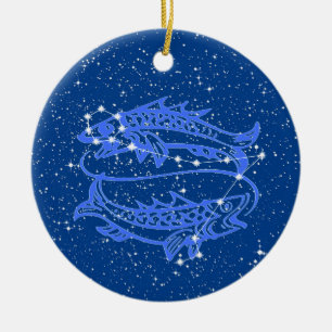 Adorno De Cerámica Rótulo Zodiac Pisces con estrellas en azul profund