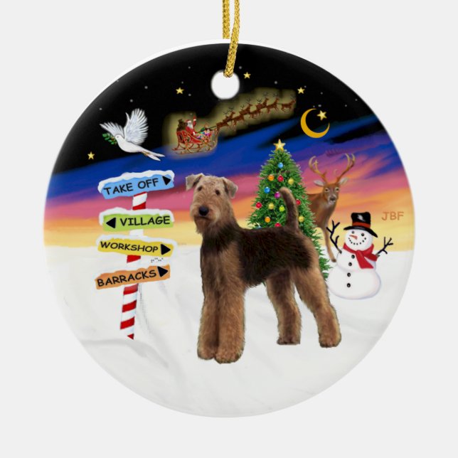 Adorno De Cerámica Rótulos de Navidad - Airedale (de pie) (Frente)