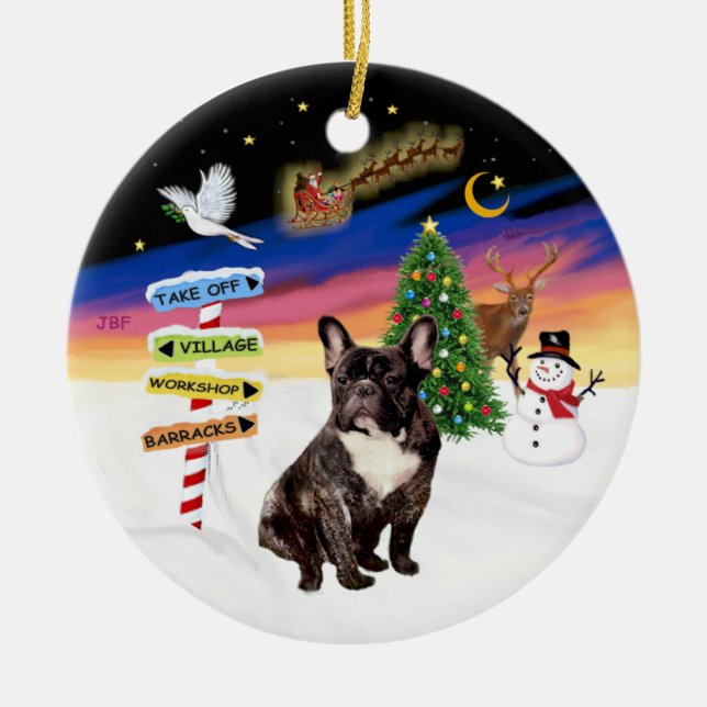 Adorno De Cerámica Rótulos navideños - Bulldog francés Brindle (Frente)