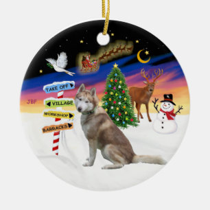 Adorno De Cerámica Rótulos navideños - Husky Siberiano Rojo