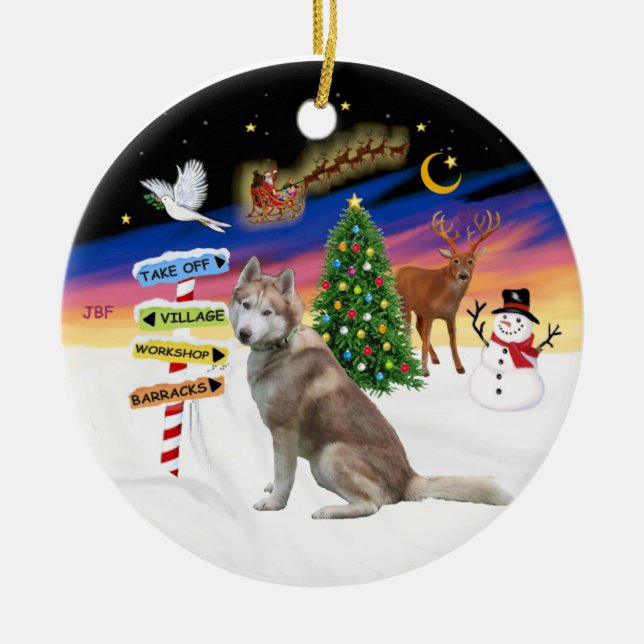 Adorno De Cerámica Rótulos navideños - Husky Siberiano Rojo (Frente)