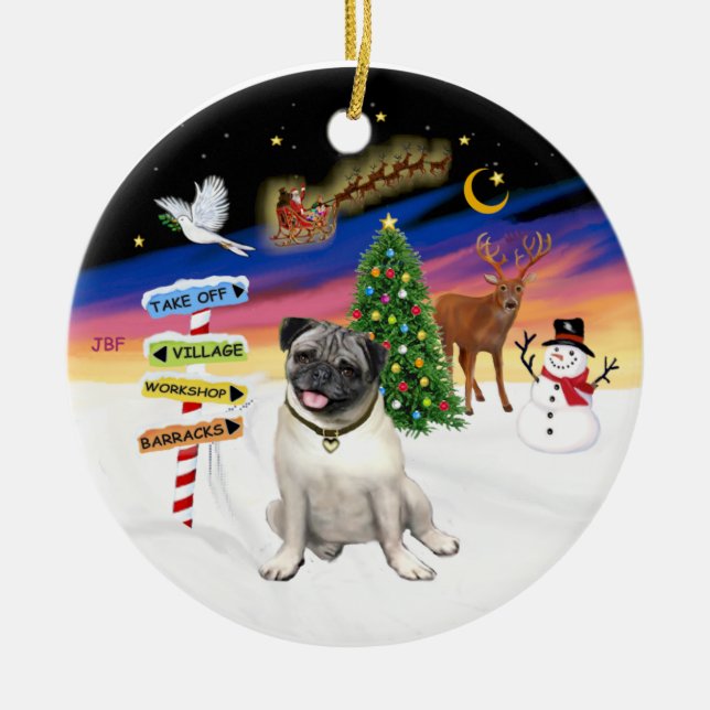 Adorno De Cerámica Rótulos navideños - Pug alba #18 (Frente)
