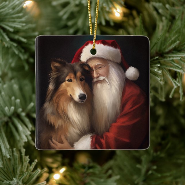 Adorno De Cerámica Rough Collie Con Navidades festivos de Santa Claus (Árbol)