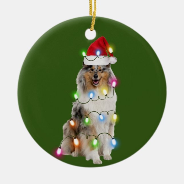 Adorno De Cerámica Rough Collie Con Navidades Scafés Santa Hat (Frente)