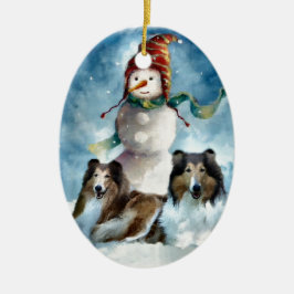 Adorno De Cerámica Rough Collie con Navidades Snowman