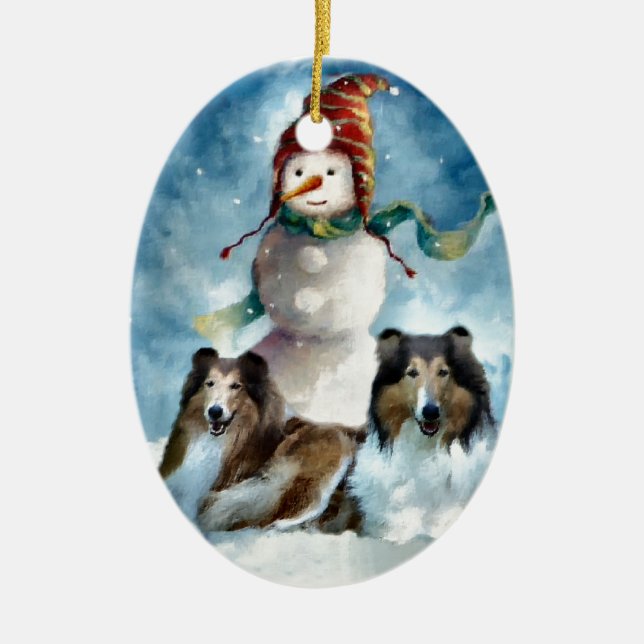 Adorno De Cerámica Rough Collie con Navidades Snowman (Frente)