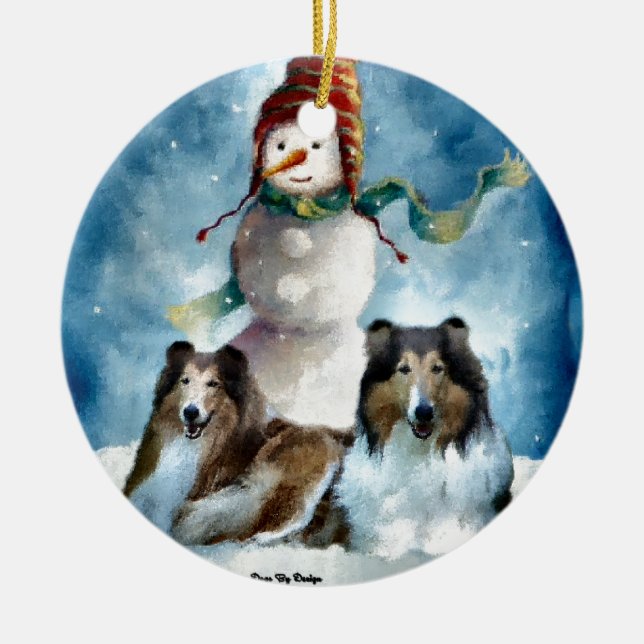 Adorno De Cerámica Rough Collie con Navidades Snowman (Frente)
