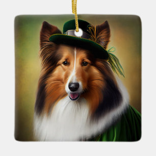 Adorno De Cerámica Rough Collie Dog in St. Patrick's Day Vress