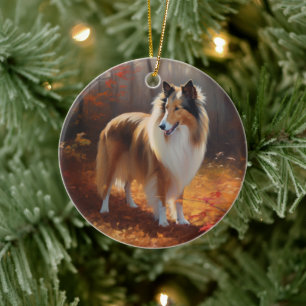 Adorno De Cerámica Rough Collie en Otoño Hojas Caídas Inspiran