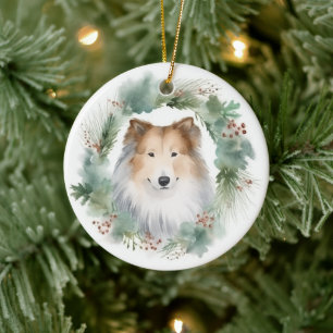 Adorno De Cerámica Rough Collie Navidades Wreath Festive Pup