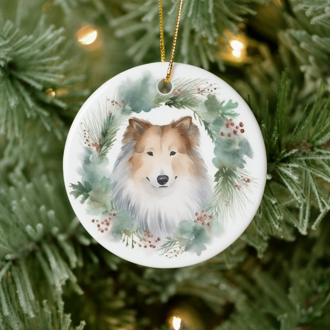 Adorno De Cerámica Rough Collie Navidades Wreath Festive Pup (Árbol)