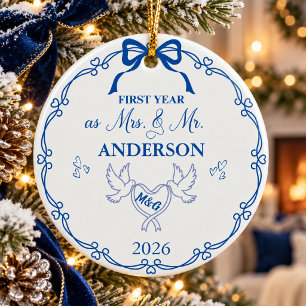 Adorno De Cerámica Royal Blue Primer Año Como Sra y Sr Nombre Persona