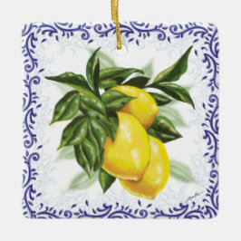 Adorno De Cerámica Royal Blue Toile Filigree Lemons Ornament