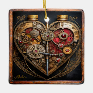 Adorno De Cerámica Rubíes Steampunk Y Engranajes Corazón Oscuro