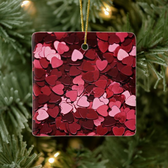 Adorno De Cerámica Ruby Sparkle Heart Confetti Cascade Valentine's (Árbol)