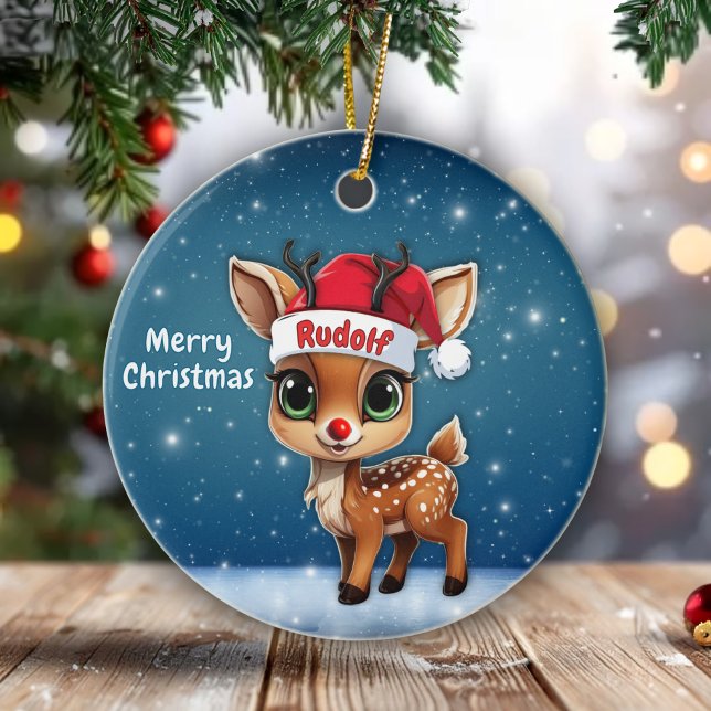 Adorno De Cerámica Rudolf Reindeer, red nose deer with antlers 🦌🎄 (Customizable Rudolf reindeer, red nose deer with antlers. blue festive round ceramic ornament 🦌🎄)