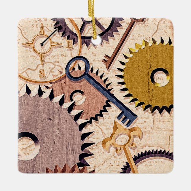 Adorno De Cerámica Ruedas Steampunk, engranajes, llaves, pintura de a (Anverso)