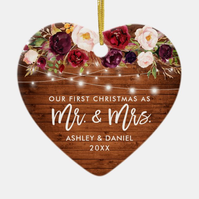 Adorno De Cerámica Ruidosa Burgundy Floral Luces Primera Navidad (Frente)