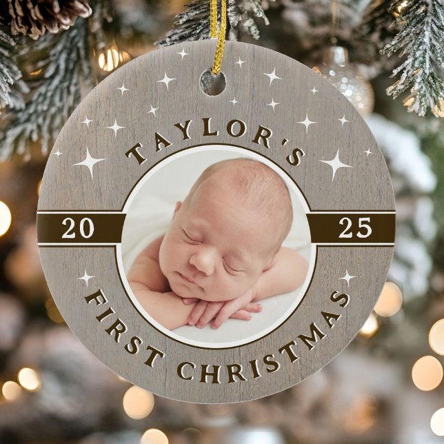 Adorno De Cerámica Rustic Baby's First Christmas Photo Ornament (Rustic Baby's First Christmas Photo Ornament)
