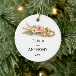 Adorno De Cerámica Rustic Boho Floral Pink Rose Wedding Name Ornament