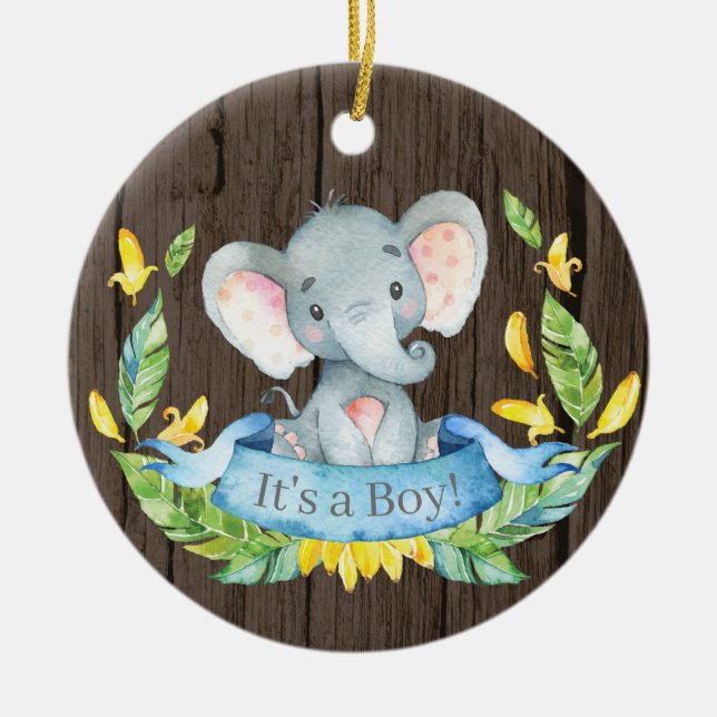 Adorno De Cerámica Rustic Boy Elephant Baby Shower Blue (Frente)