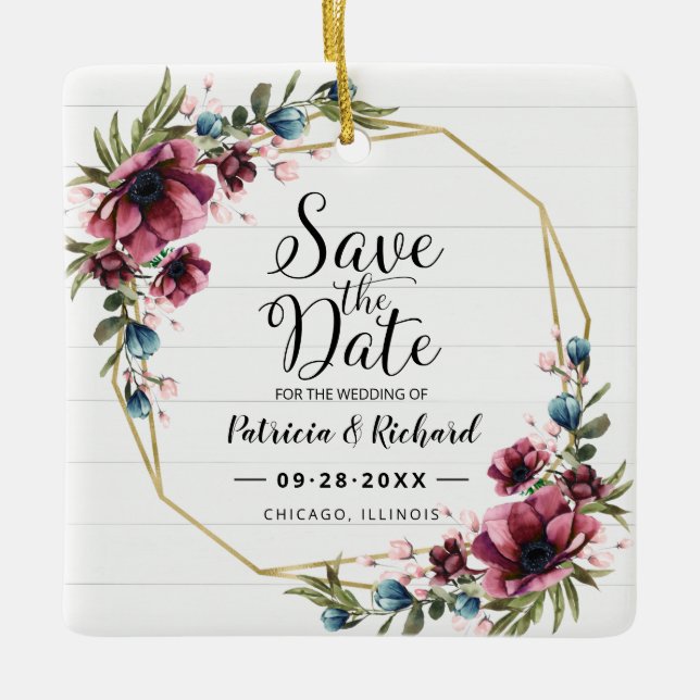 Adorno De Cerámica Rustic Chic Burgundy Floral Wedding Save The Date (Anverso)