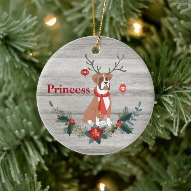 Adorno De Cerámica Rustic Christmas Boxer Dog with Antlers Greenery (Árbol)