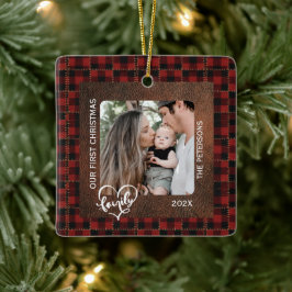Adorno De Cerámica Rustic Farmhouse Leather & Plaid Christmas Family
