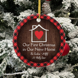Adorno De Cerámica Rustic First Christmas New Home Heart Plaid