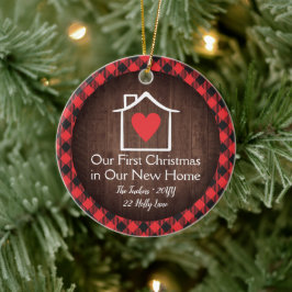 Adorno De Cerámica Rustic First Christmas New Home Heart Plaid Photo