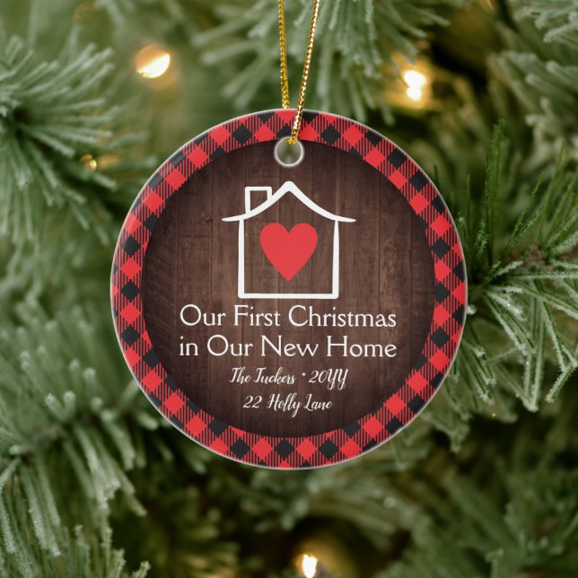 Adorno De Cerámica Rustic First Christmas New Home Heart Plaid Photo (Árbol)