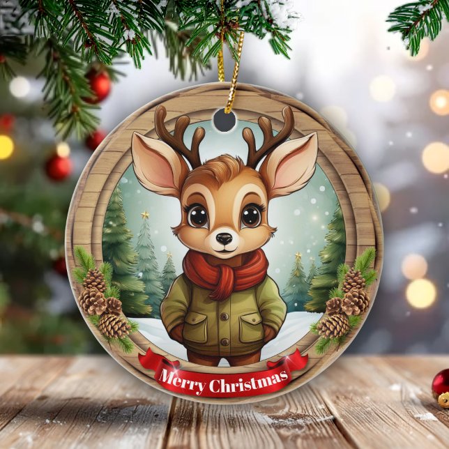 Adorno De Cerámica Rustic Holiday Character Xmas Reindeer Gift 🦌🎄 (Customizable Rustic holiday character xmas reindeer, name gift for anyone, Ceramic Ornament! 🦌🎄)