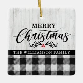 Adorno De Cerámica Rustic Merry Christmas Buffalo Plaid Family Photo