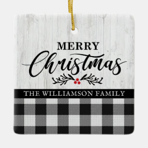 Adorno De Cerámica Rustic Merry Christmas Buffalo Plaid Family Photo