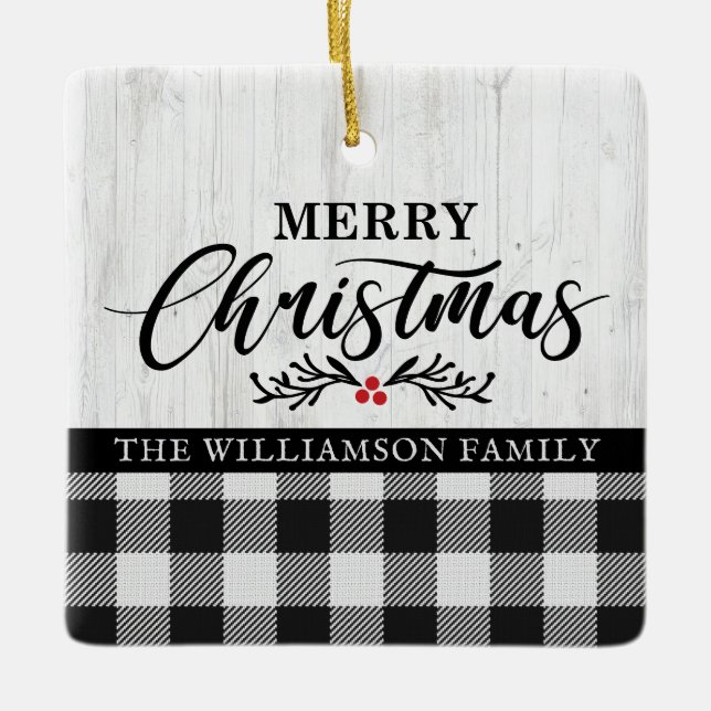 Adorno De Cerámica Rustic Merry Christmas Buffalo Plaid Family Photo (Anverso)