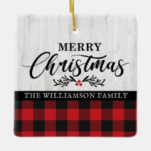 Rustic Merry Christmas Buffalo Plaid Family Photo