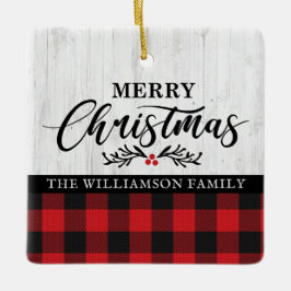 Adorno De Cerámica Rustic Merry Christmas Buffalo Plaid Family Photo