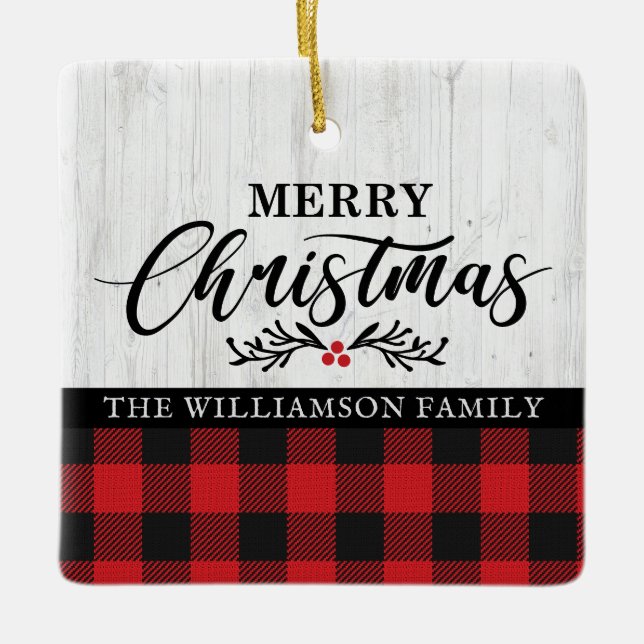 Adorno De Cerámica Rustic Merry Christmas Buffalo Plaid Family Photo (Anverso)
