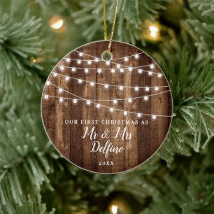 Adorno De Cerámica Rustic Mr and Mrs Personalized Wood String Lights