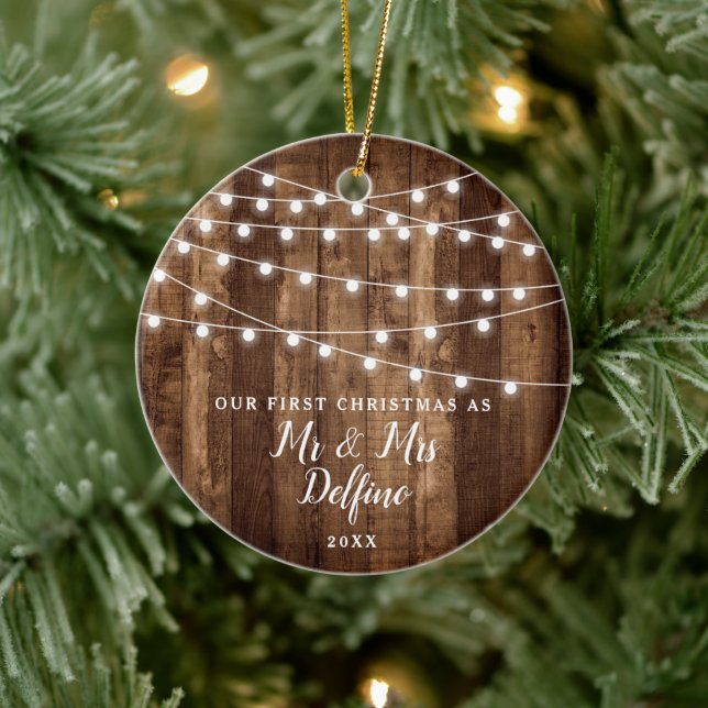 Adorno De Cerámica Rustic Mr and Mrs Personalized Wood String Lights (Árbol)